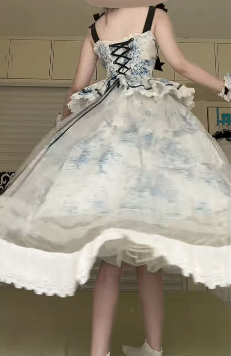Blue‑White Castle Print Spaghetti Strap Lolita Gown, Ruffled Square Neck, Black Ribbon Bows, Corset‑Style Bodice, Tiered Ruffle Waist Yoke, Tulle Layered Maxi Skirt, Lace Trim Party Dress gh8925