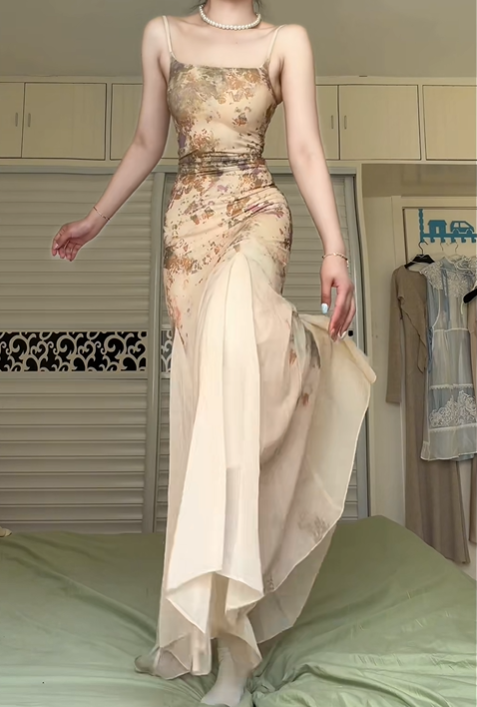 Vintage Oil‑Painting Floral Spaghetti Strap Long Evening Gown, Ruched Waist Irregular Flowy Skirt Formal Prom Dress gh9004