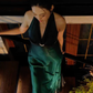 Dark Green Satin Halter Long Evening Gown Open Back Metal Ring Prom Dress gh9852