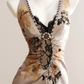 Women Vintage Midi Bodycon Formal Dress Sleeveless Deep V Neck Taupe Champagne Satin Black & Gold Lace Floral Appliqué Sequin Evening Gown gh9590