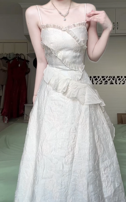 Off‑White Spaghetti Strap Long Evening Gown, Irregular Ruffled Asymmetrical A‑Line Formal Prom Dress gh9036