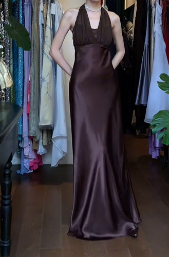 Dark Brown Vintage Prom Dress Halter V Neck Ruched Bust Satin Long Evening Gown gh9608