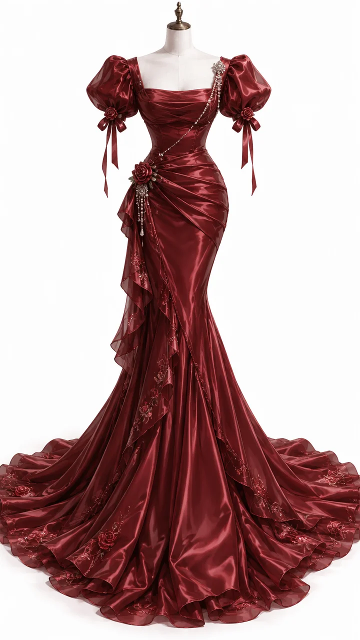 ✨Girlhomeshops-Burgundy Satin Mermaid Prom Dress Square Neck Puff Sleeves with 3D Rose Appliques gh10310