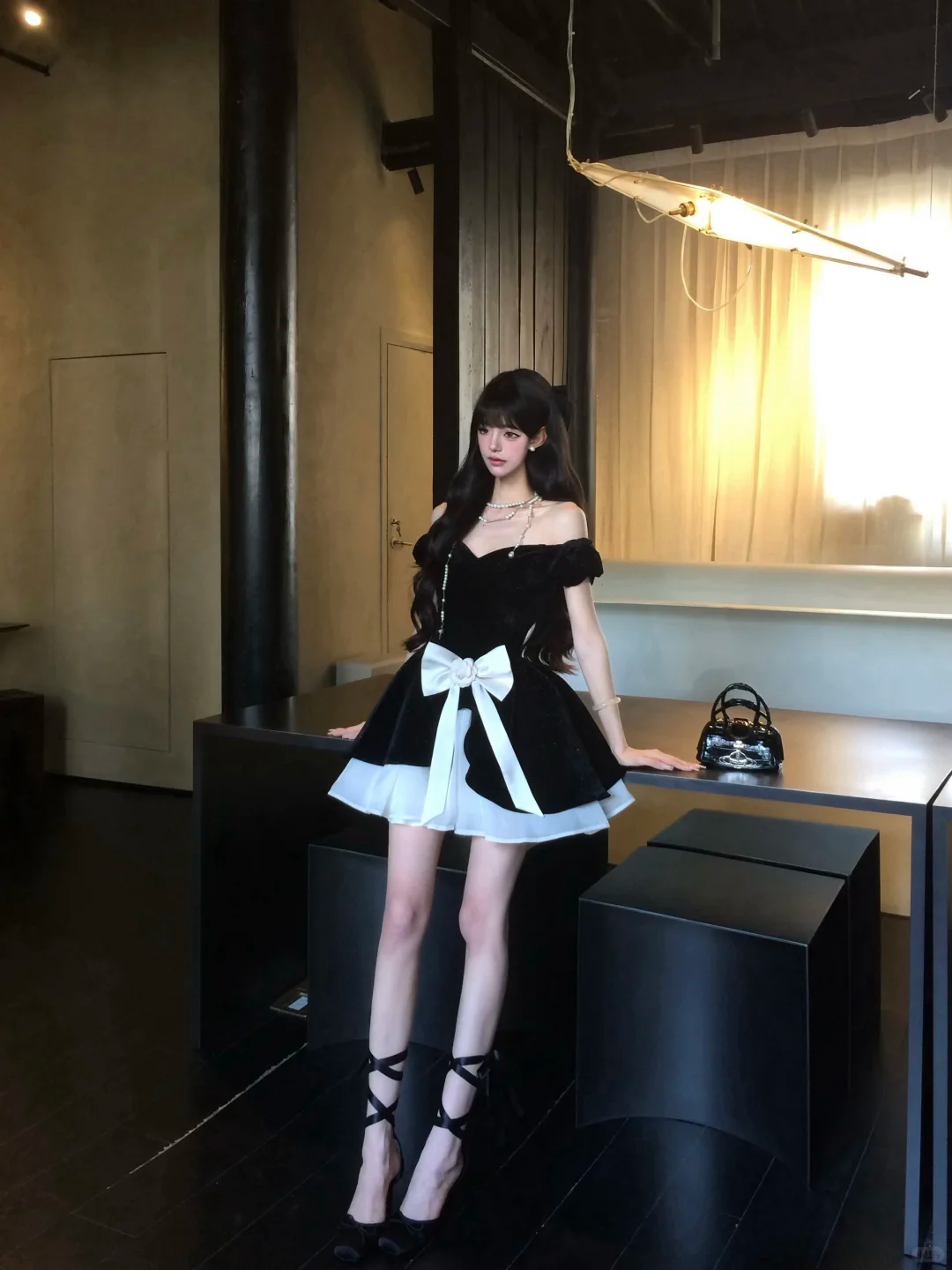 Women Vintage Black Off Shoulder Velvet Homecoming Dress Heart Neck Puff Sleeve Big White Bow Layered Skirt Short Prom Gown gh9435
