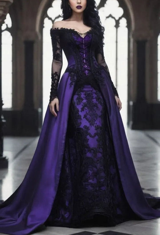 girlhomeshops-Langes Ballkleid aus Satin mit lila und schwarzer Spitze gh6185