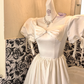 Ivory Satin Puff Sleeve Square Neck Waist-Cinched Full Flared Skirt Long Romantic Dress, Wedding Gown gh7748