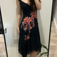 Black Vintage Luxury Embroidered Spaghetti Strap Fitted Waist Slim Prom & Evening Party Dress gh8448