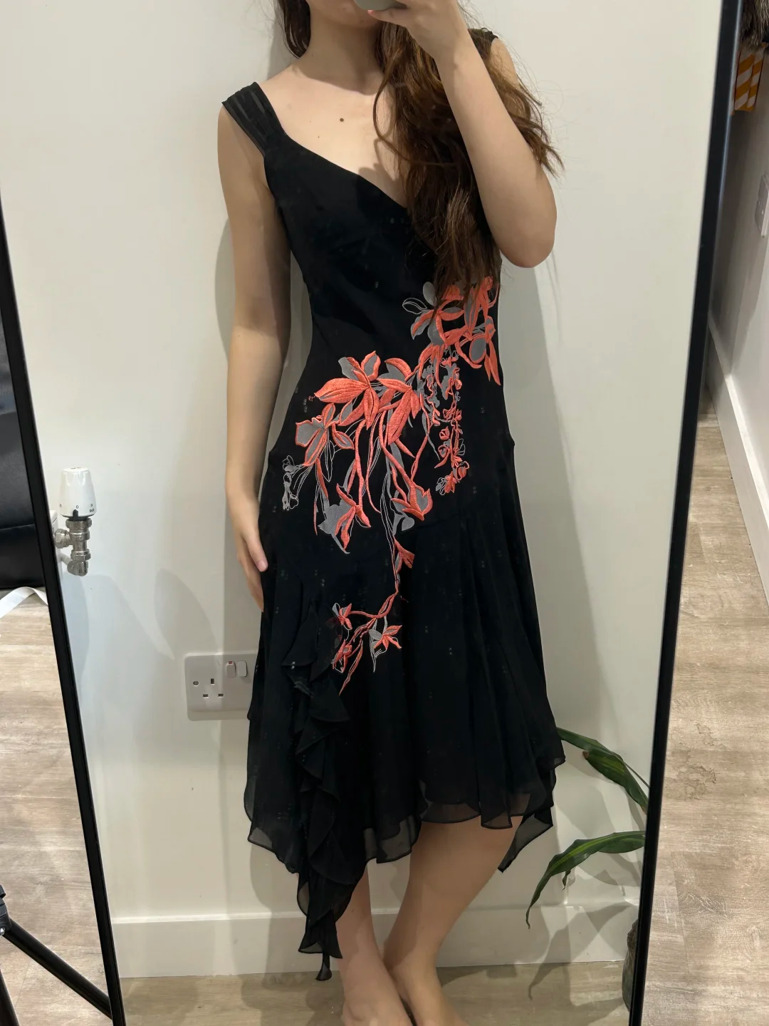 Black Vintage Luxury Embroidered Spaghetti Strap Fitted Waist Slim Prom & Evening Party Dress gh8448