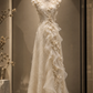 ✨Girlhomeshops-Ivory High Collar Qipao Bridal Dress Sleeveless Cap Sleeve with 3D Flowers & Ruffles gh10319