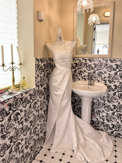 Ivory Satin Strapless Waist-Cinched Slimming Sexy Long Romantic Dress, Wedding Gown gh7721