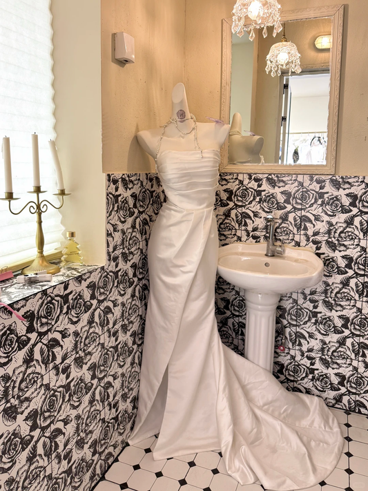 Ivory Satin Strapless Waist-Cinched Slimming Sexy Long Romantic Dress, Wedding Gown gh7721