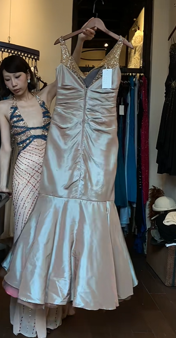 Champagne Satin Evening Gown V Neck Beaded Straps Mermaid Layered Tulle Long Formal Prom Dress gh9734
