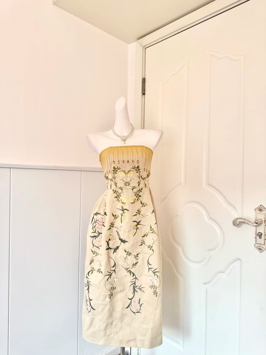 Cream Yellow Strapless Midi Cocktail Dress, Golden Wheat Embroidery With Rhinestones Floral Bird Embroidery Sheath Vintage Party Gown gh9254
