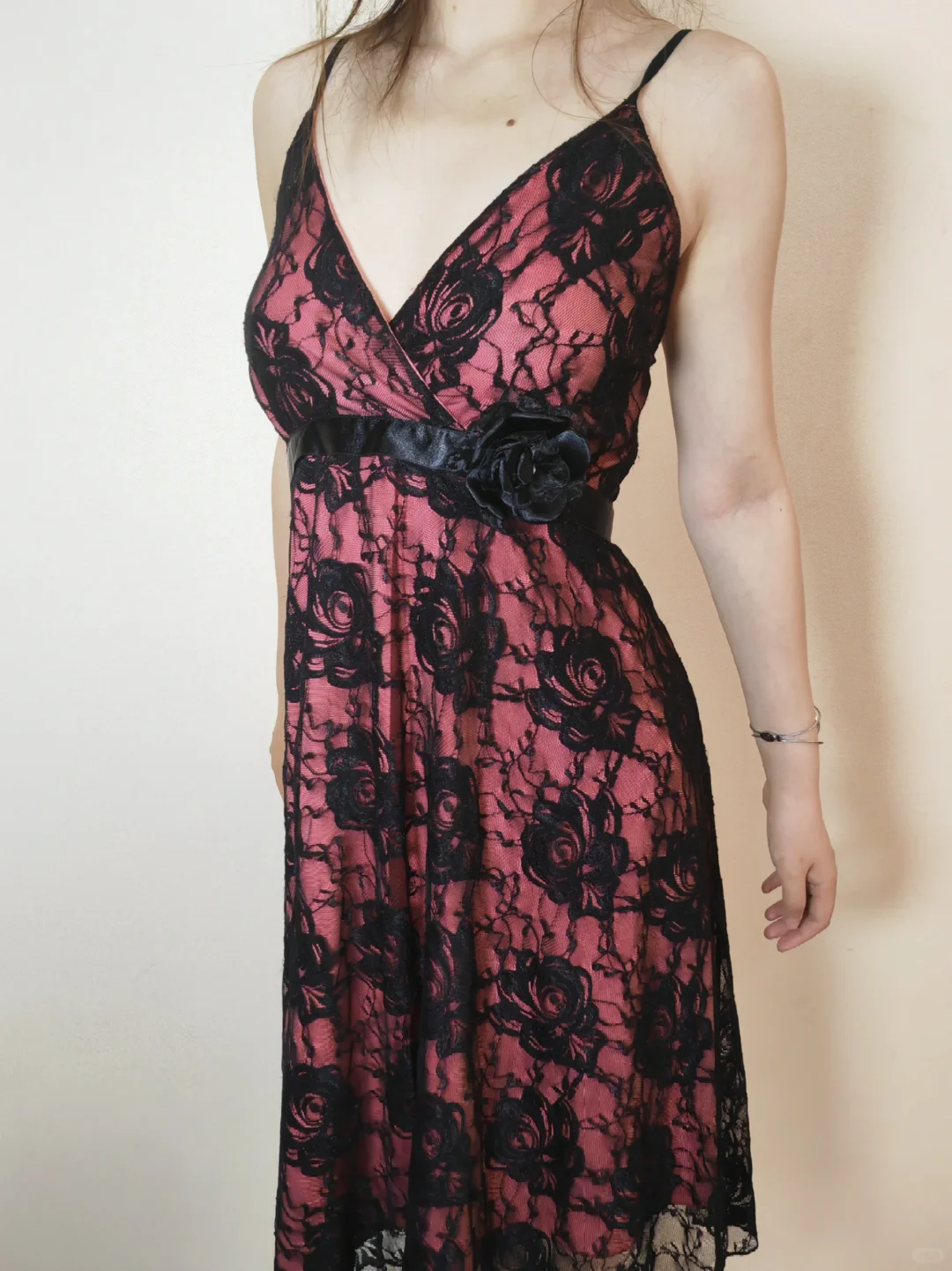 Pink Base Sexy Vintage Black Lace Spaghetti Strap Fitted Waist Prom & Evening Party Dress gh8464