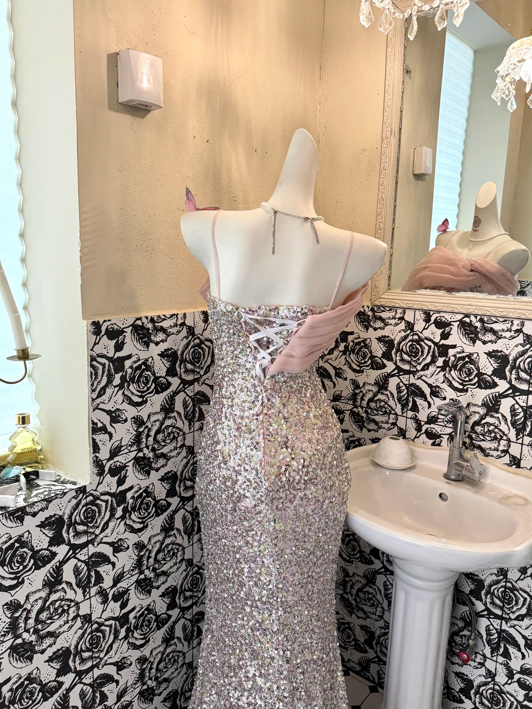 Silver Spaghetti Strap Waist-Cinched Fitted Sexy Sequin Romantic Dress, Wedding Gown gh7611