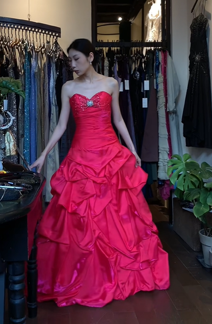 Hot Pink Strapless Sweetheart Long Formal Gown Rhinestone Tiered Ruffle Satin Ball Gown gh9659