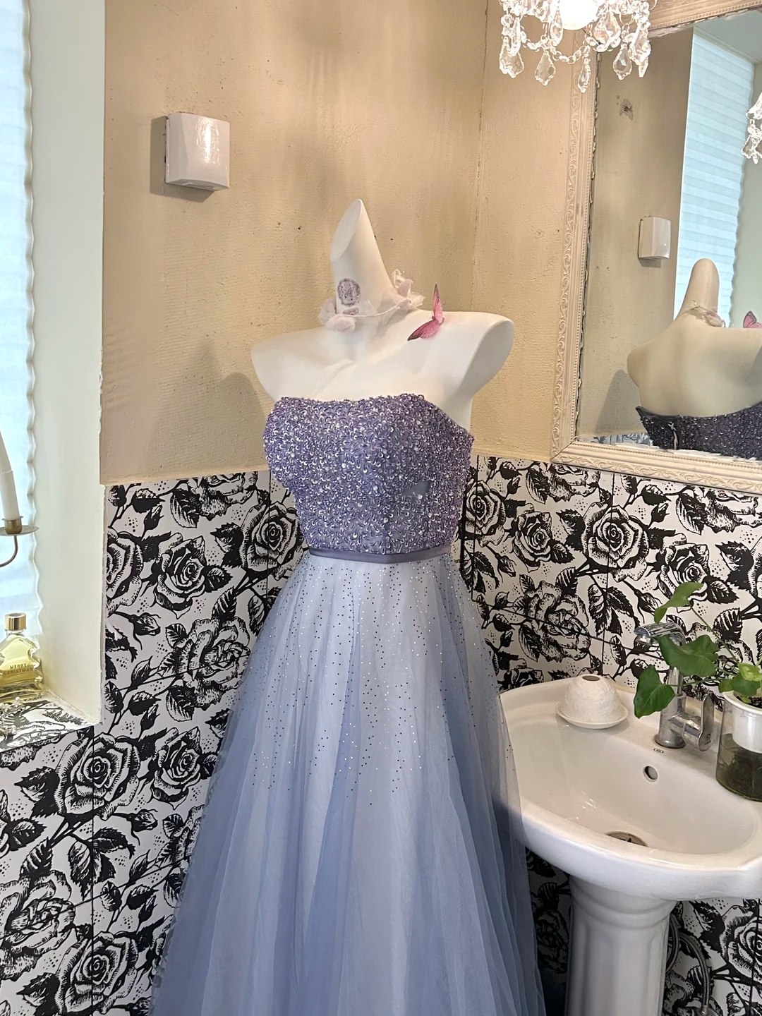 Dusty Blue Strapless Waist-Cinched Full Flared Skirt Romantic Dress, Wedding Gown gh7649