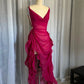 Robe de soirée longue en mousseline de soie à volants et col en V rose gh3500