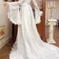 Ivory Vintage Tulle Wedding Prom Dress, V‑Neck Ruffle Collar, Big Bell Flare Sleeves, Empire High Waist, Ruffled Lace Long Train gh8675