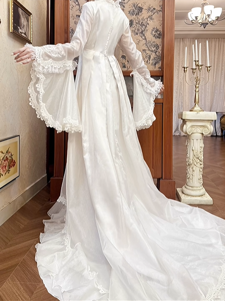 Ivory Vintage Tulle Wedding Prom Dress, V‑Neck Ruffle Collar, Big Bell Flare Sleeves, Empire High Waist, Ruffled Lace Long Train gh8675
