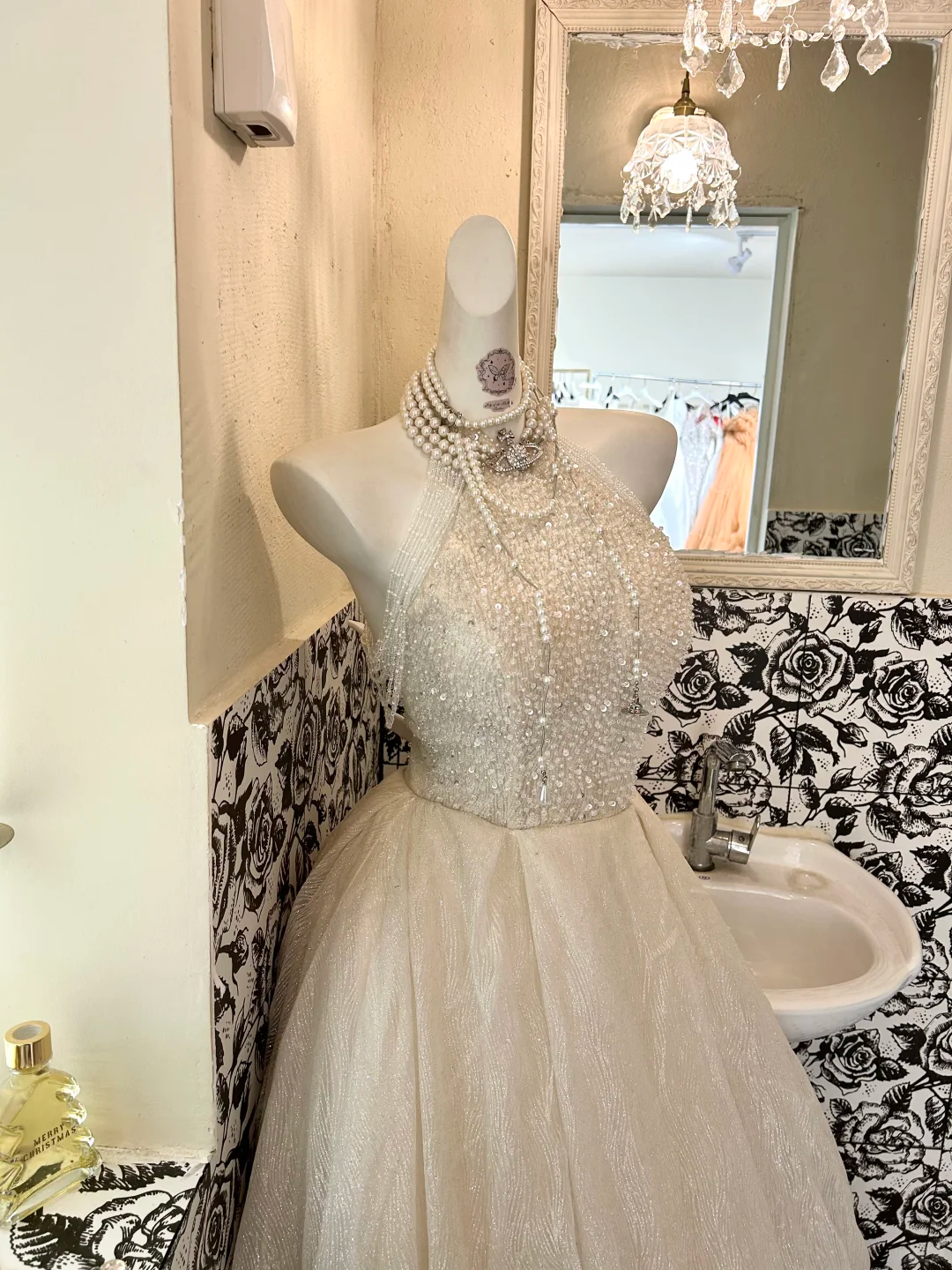 Light Apricot Halter Waist-Cinched Voluminous Skirt Long Romantic Dress, Wedding Gown gh7734