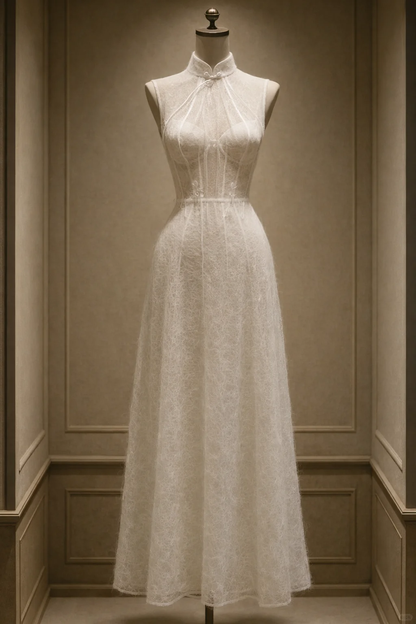 ✨Girlhomeshops-Boned Corset Sheer Fuzzy Mesh Ivory Qipao Cheongsam Wedding Dress gh10488