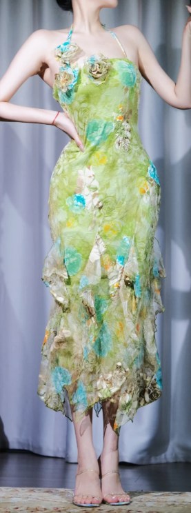 ✨Girlhomeshops-Halter Floral Midi Evening Dress 3D Flower Decor Irregular Ruffle Sheer Tulle Prom Gown gh9959