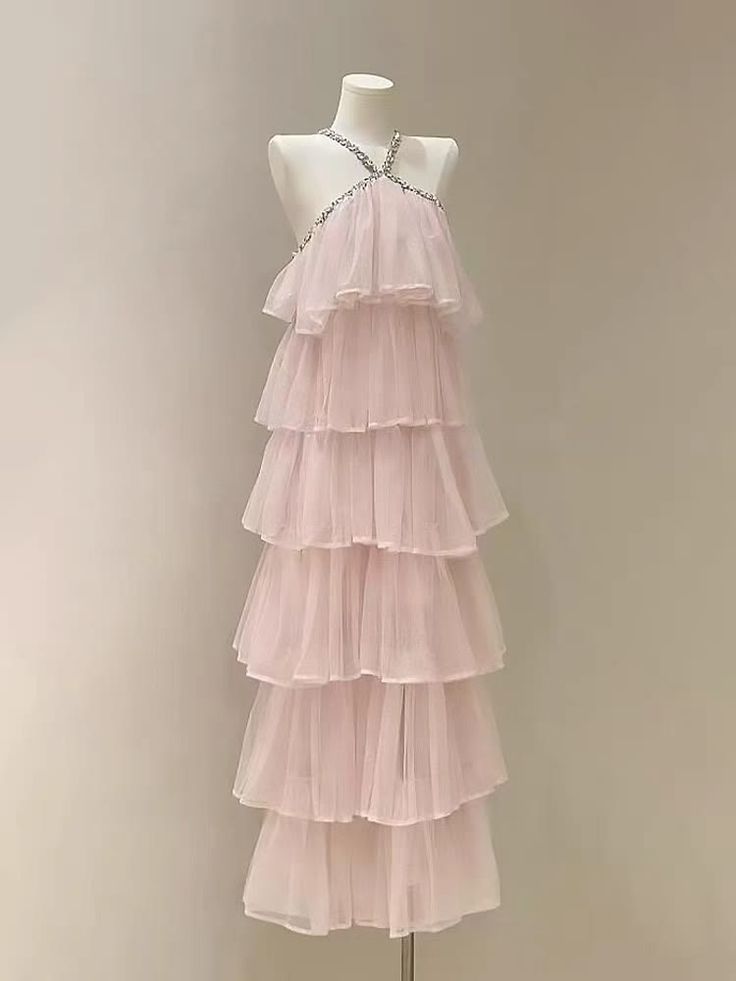 Light Pink/Blue Chiffon Rhinestone Strapless Cake Layered Ruffles Elegant Sweet Long Party Dress Prom Dress Evening Dress gh4760