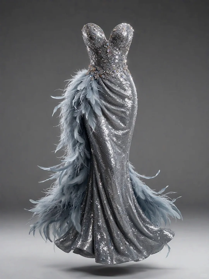 ✨Girlhomeshops-Sweetheart Strapless Silver Sequin Mermaid Gown with Feather Accents gh10509