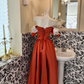 Orange Lace Neckline Off-the-Shoulder Waist-Cinched Full Flared Vintage Romantic Dress, Wedding Gown gh7581