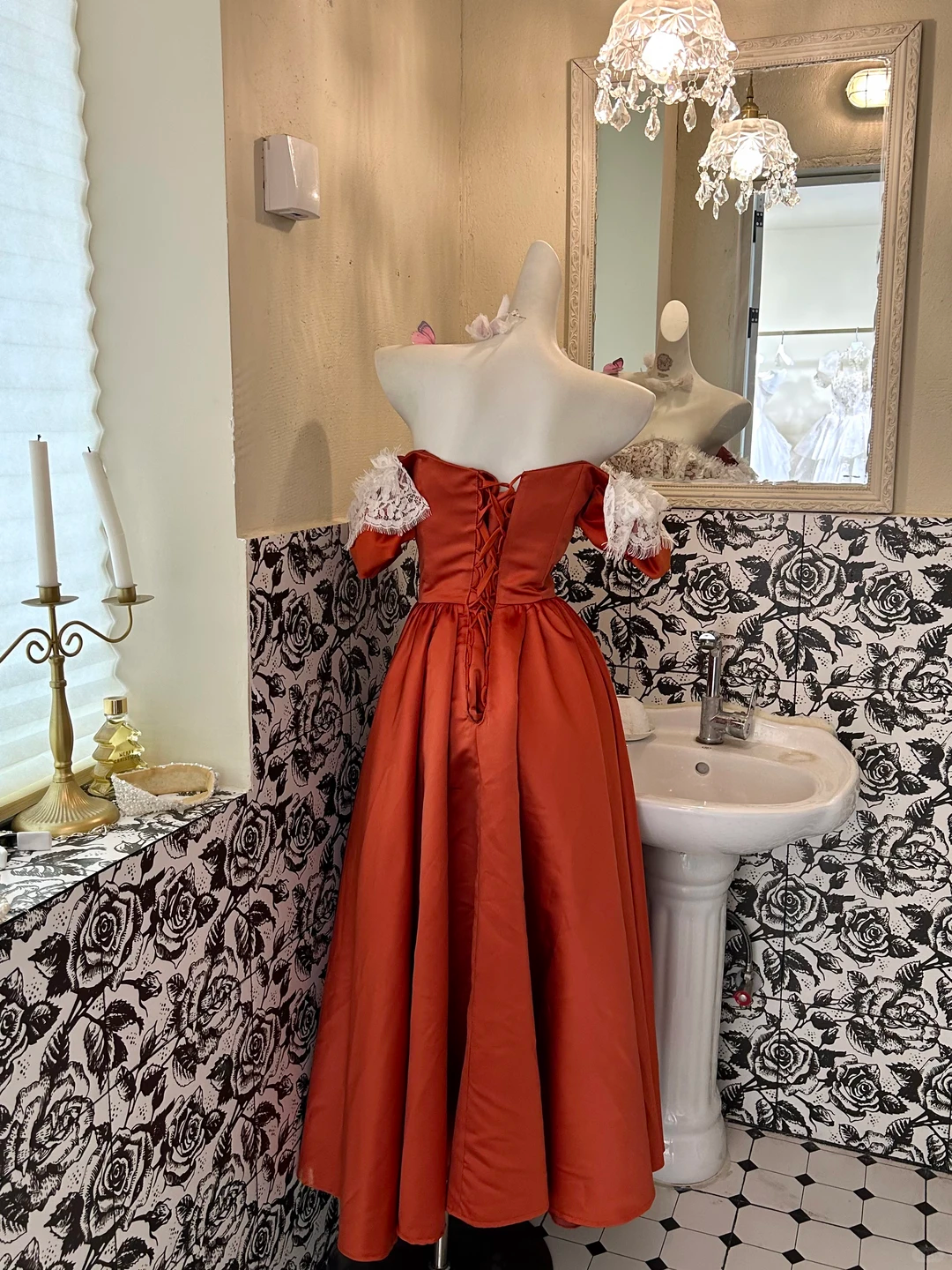 Orange Lace Neckline Off-the-Shoulder Waist-Cinched Full Flared Vintage Romantic Dress, Wedding Gown gh7581