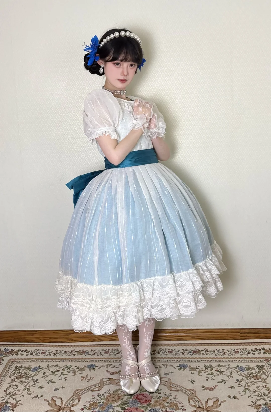 Vintage Gradient Blue Puff Sleeve Fitted Waist Flared Skirt Prom & Evening Party Dress gh8497