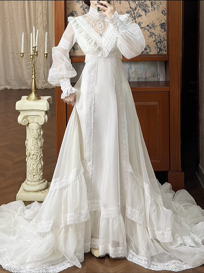 Ivory Vintage Lace Wedding Gown, Mock Neck Illusion Lace Keyhole V‑Neck, Puff Lantern Long Sleeves With Ruffle Cuffs, High Waist Lace Trim Long Train, Tiered Ruffle Flared Skirt, Prom Dress gh8656