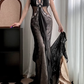 Black‑Vintage‑Mermaid‑Gown Halter‑Off‑Shoulder Deep‑V‑Neck Sheer‑Mesh‑Waist‑Cutout Hand‑Beaded‑Rhinestones Removable‑Chiffon‑Sashes Sequined‑Sheer‑Tulle Sweep‑Train Sexy‑Evening‑Prom‑Dress gh8832