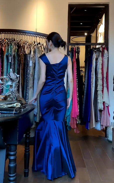 One Shoulder Royal Blue Satin Evening Gown Ruched Rhinestone Detail Mermaid Long Prom Dress gh9685