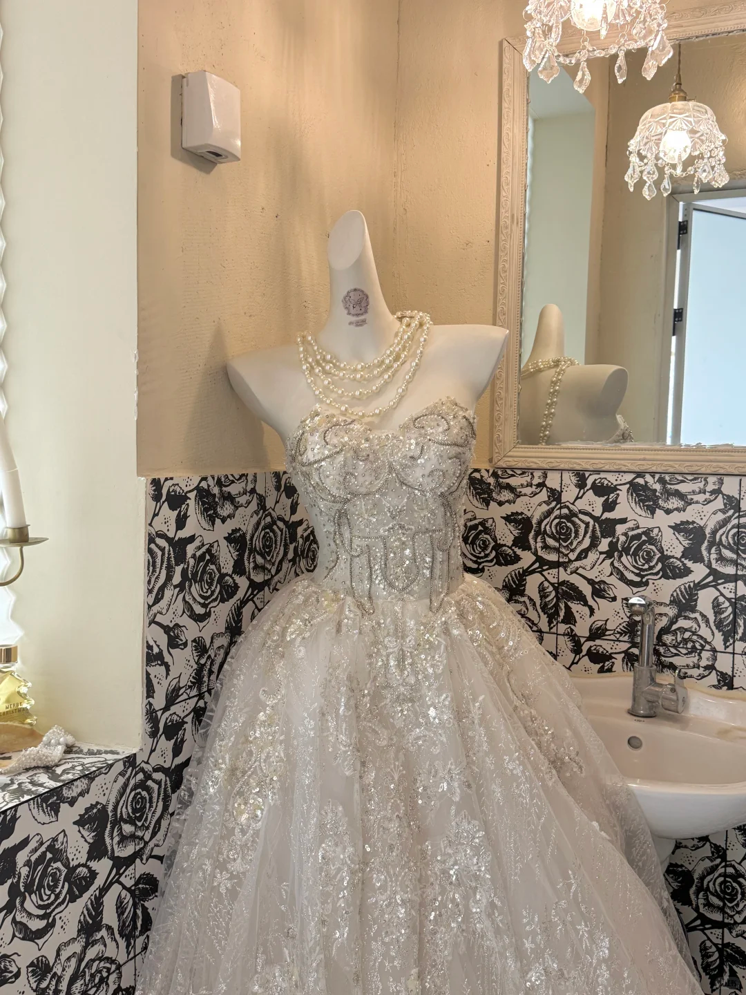 Ivory Sequin Strapless Waist-Cinched Voluminous Full Skirt Romantic Dress, Wedding Gown gh7697