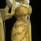 Halter Golden Yellow Prom Dress Sheer Bodice Rhinestone Floral Embroidery Tiered Chiffon Mermaid Formal Gown gh9554