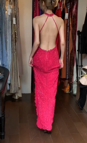 Crisscross Halter Fuchsia Prom Dress Keyhole Cutout Allover Beaded Sequin Side Ruffle Formal Evening Gown gh9808