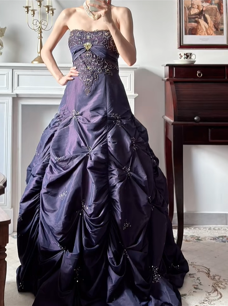 Dark‑Purple Strapless Beaded‑Rhinestone‑Embroidery Bow‑Gem Pick‑Up‑Ballgown Floor‑Length Vintage Evening Prom Gown gh8804