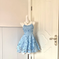 Light Blue Spaghetti‑Strap Lace Short Cocktail Dress, Round Neck High‑Waist A‑Line Mini Homecoming Gown gh9153