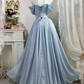 Dusty Blue Satin Off Shoulder Long Evening Gown, Puff Sleeve With Big Bow A-Line Prom Dress gh9282