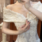 Ivory Vintage Satin Wedding Gown, Off‑the‑Shoulder Fold‑Over V‑Neck, Lace Appliqué Fitted Waist, A‑Line Long Skirt With Lace Embroidery, Lace Trimmed Train, Bridal Prom Dress gh8728