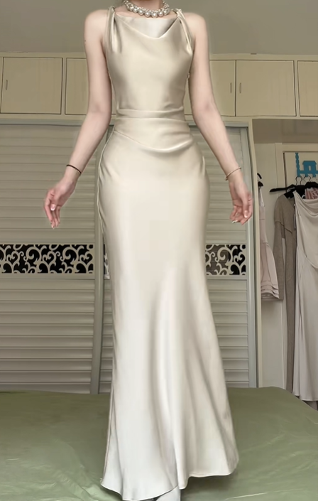 Champagne Satin Halter Neck Long Evening Gown, Cowl Neck Twist Shoulder Cross‑Draped Waist Mermaid Formal Prom Dress gh8986