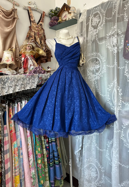 Sexy Blue Vintage Print Spaghetti Strap Fitted Waist Flared Skirt Prom & Evening Party Dress gh8483