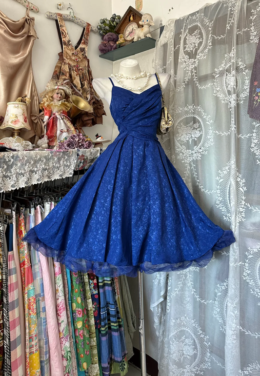Sexy Blue Vintage Print Spaghetti Strap Fitted Waist Flared Skirt Prom & Evening Party Dress gh8483