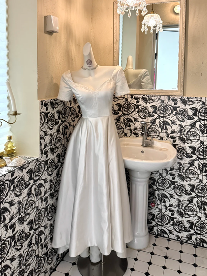 White Satin High Waist Fitted Slimming Full Flared Skirt Romantic Dress, Wedding Gown gh7601