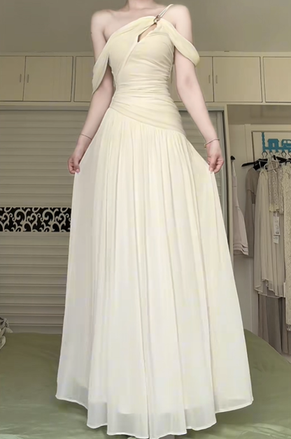 Cream Yellow Asymmetrical One‑Shoulder Chiffon Long Evening Gown, Cutout Bodice Ruched Waist A‑Line Formal Prom Dress gh9005