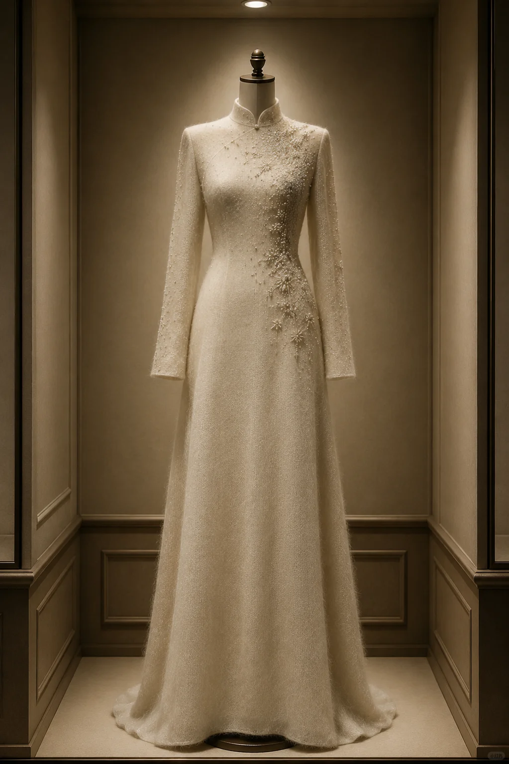 ✨Girlhomeshops-Cream White Starburst Beaded Long Sleeve Qipao Cheongsam Wedding Gown gh10396