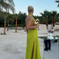 Yellow green halter neck backless long chiffon ball gown evening dress gh3127