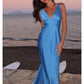 Blue simple elegant V-neck long satin ball gown evening dress gh3165